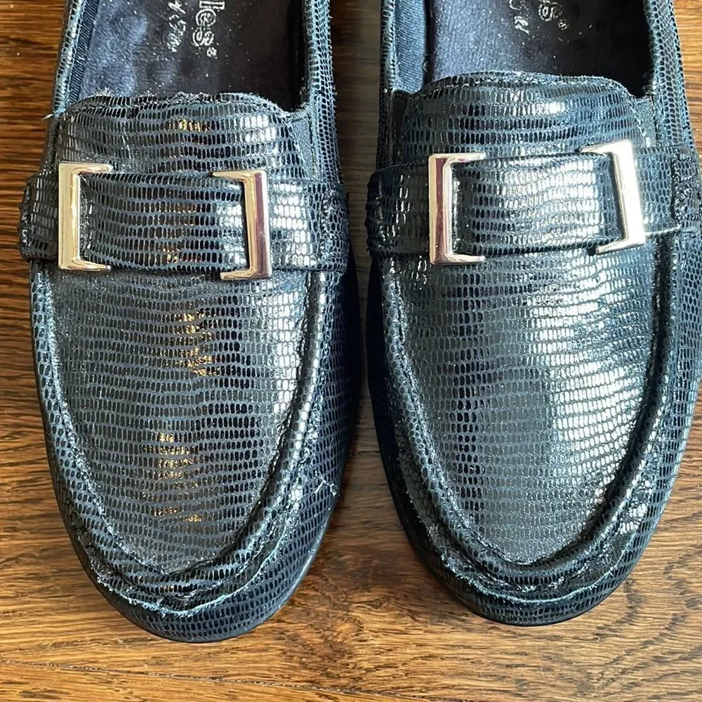 Walking Cradles black snakeskin look leather loafers‎ with silver buckle on top